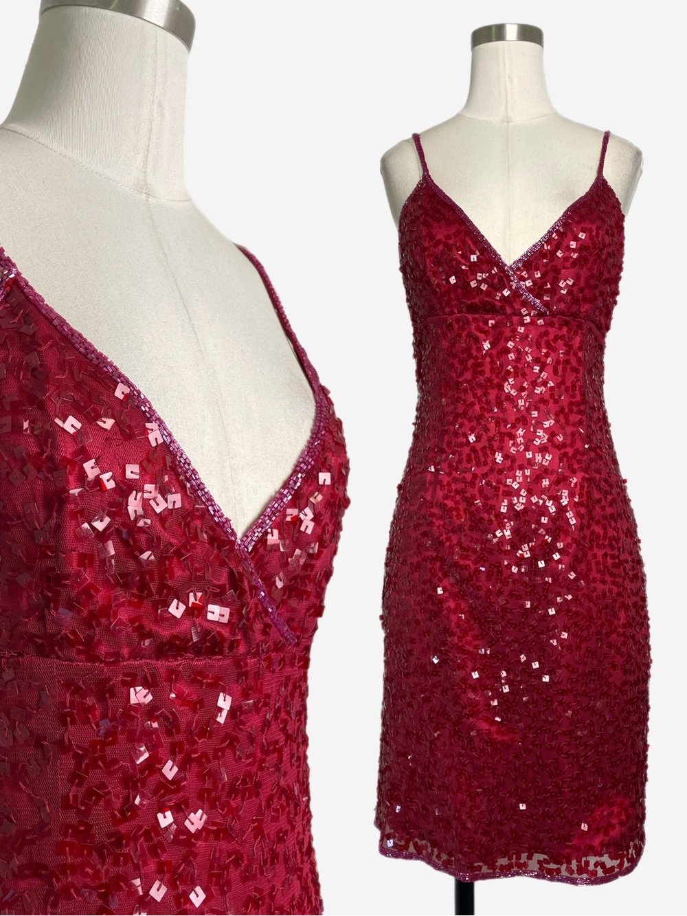 Vintage 90s Passport red pink sequin slip mini dress holiday sparkle party XS